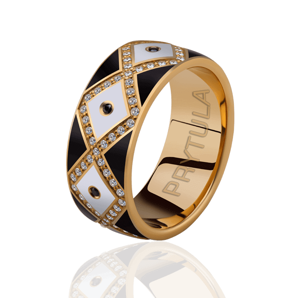 Обручальное кольцо с белыми и черными бриллиантами и эмалью 
