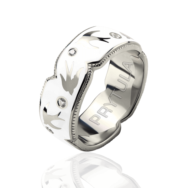 Обручальное кольцо с бриллиантами и белой эмалью 