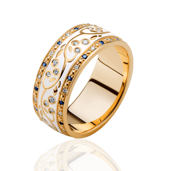 Женское обручальное кольцо с бриллиантами, сапфирами и эмалью Рожденные для счастья